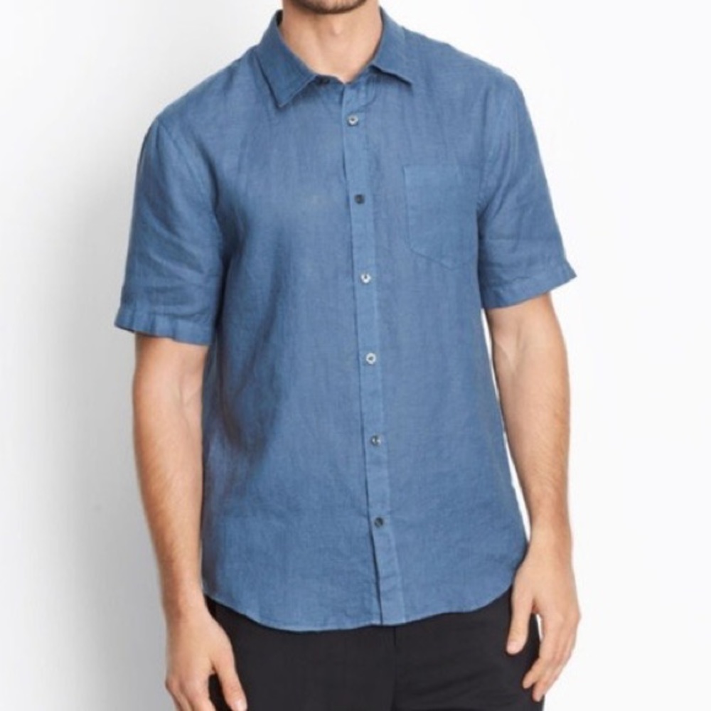 VINCE‎ Blue Trim Fit  100% Linen Sport Short Sleeve  shirt size XXL
